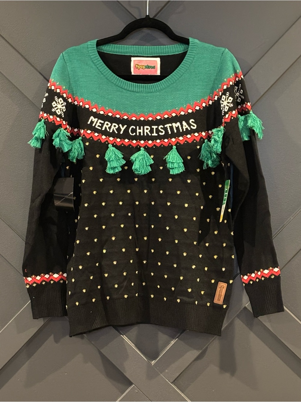 Tipsy Elves Black & Green 'Merry Christmas' Tassel Sweater
